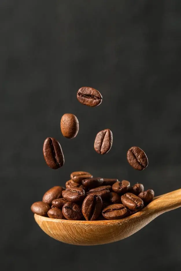 A wooden spoon filled with roasted coffee beans, highlighting the natural aroma and freshness of Kerala’s organic coffee.