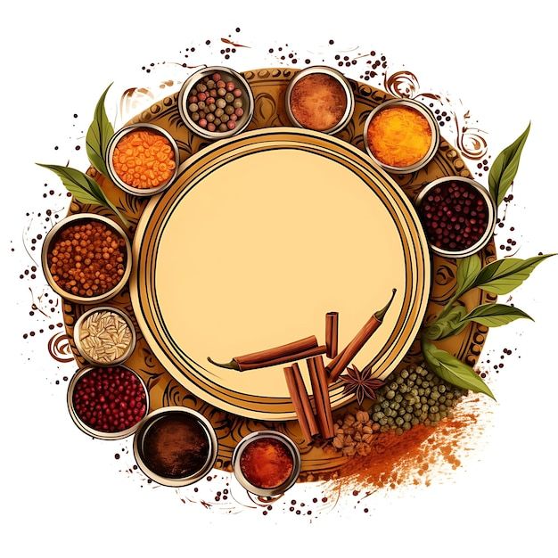 A vibrant circle of organic spices with cinnamon, pepper, turmeric, and herbs, symbolizing the rich spice heritage of Kerala.