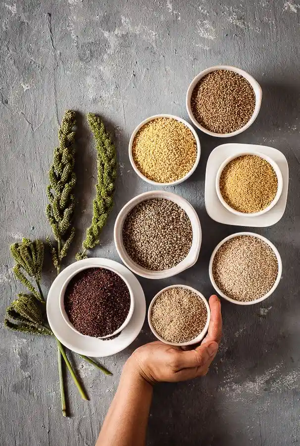 A colorful mix of organic grains and seeds, showcasing purity and natural goodness from Kerala.